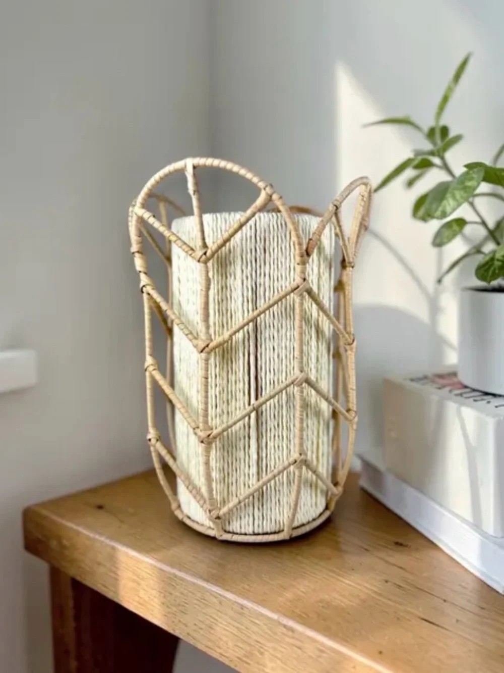 Handwoven Rattan Wicker Tulip Table Lamp with Cream Rope Shade
